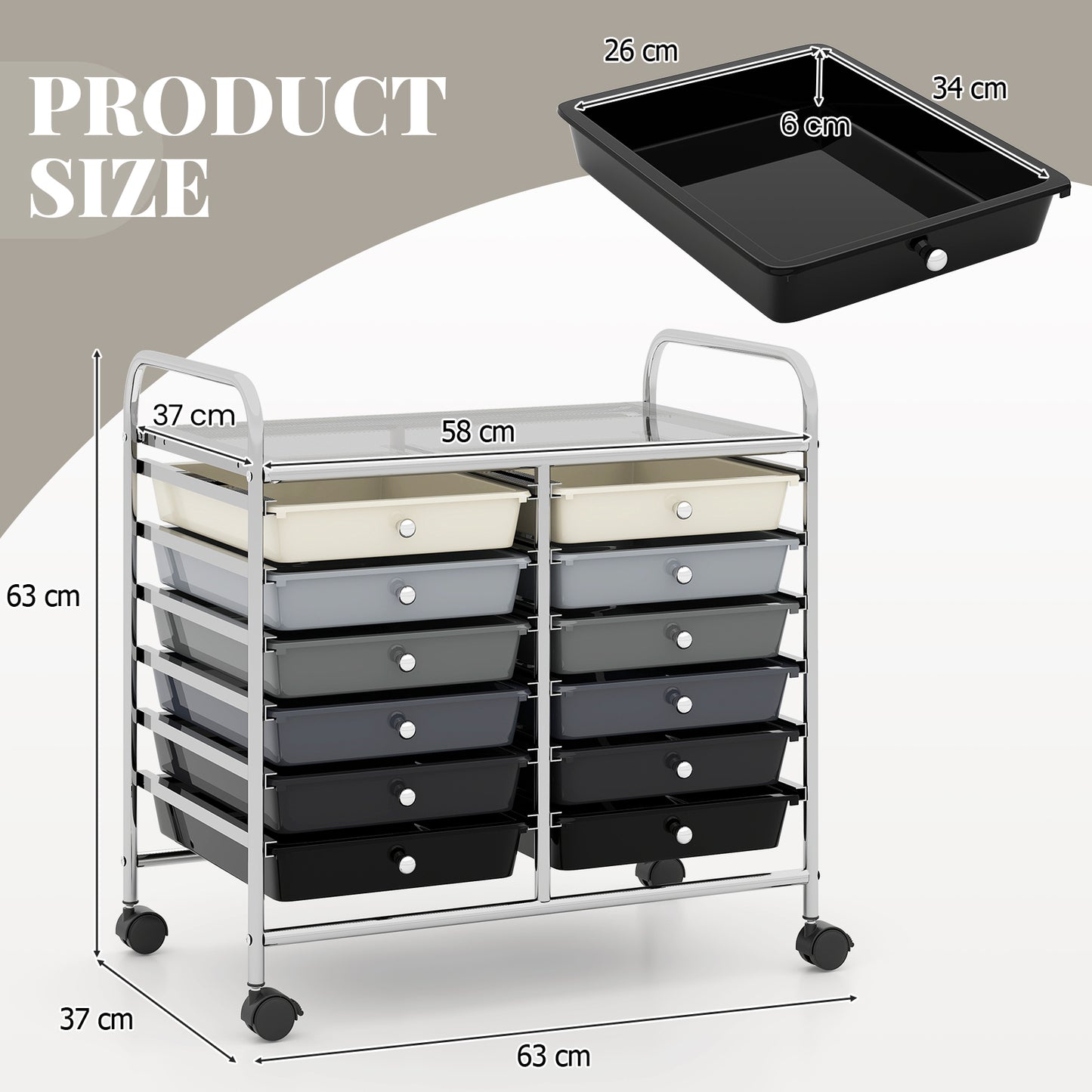 Storage Rolling Cart with Drawer and Large Countertop Side Handles-Black
