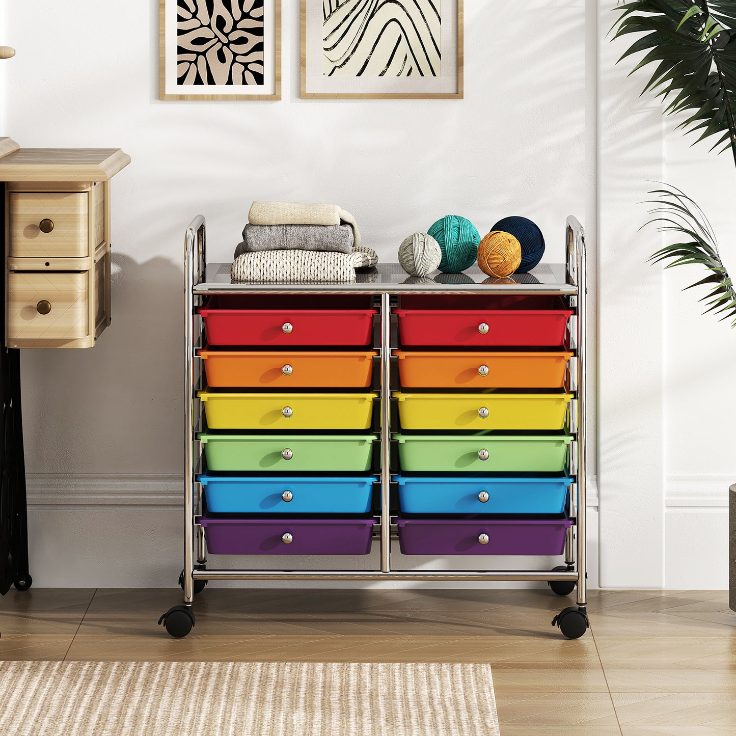 Storage Rolling Cart with Drawer and Large Countertop Side Handles-Black