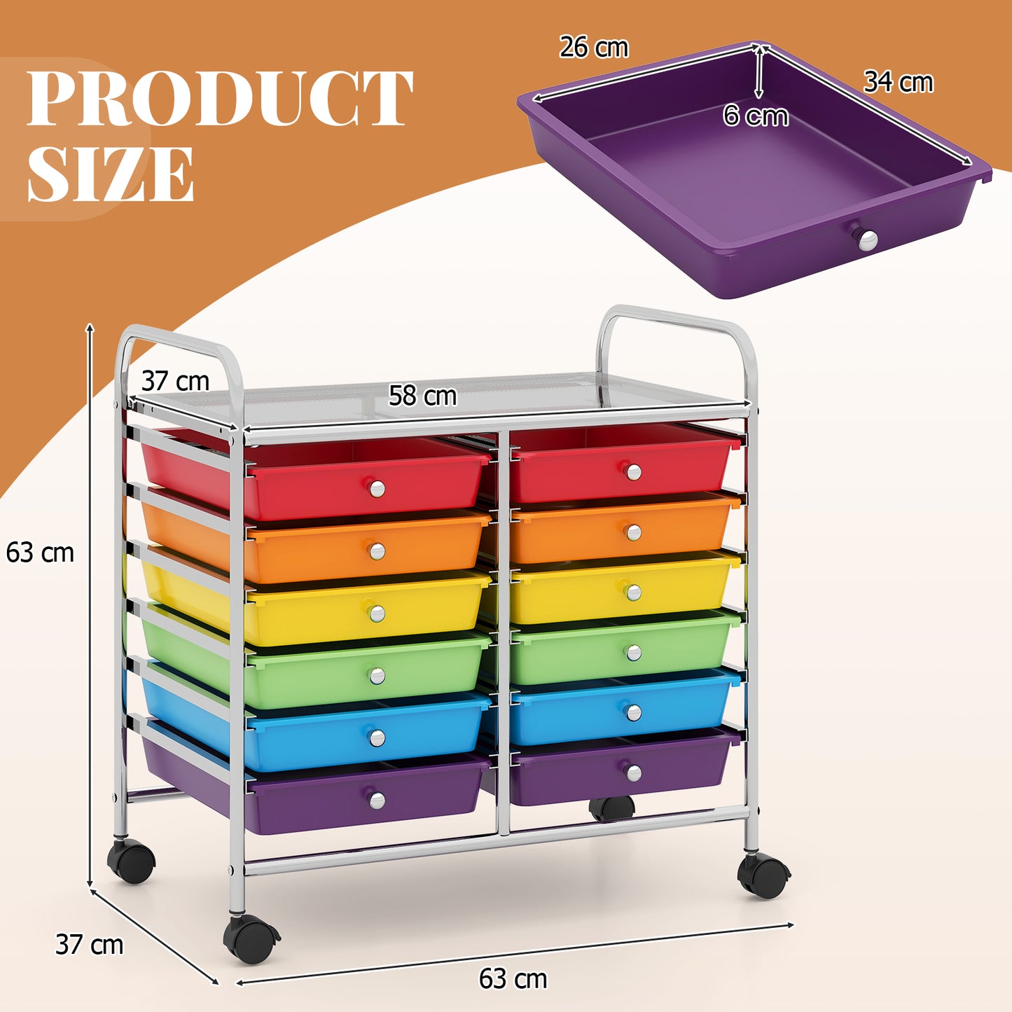 Storage Rolling Cart with Drawer and Large Countertop Side Handles-Black