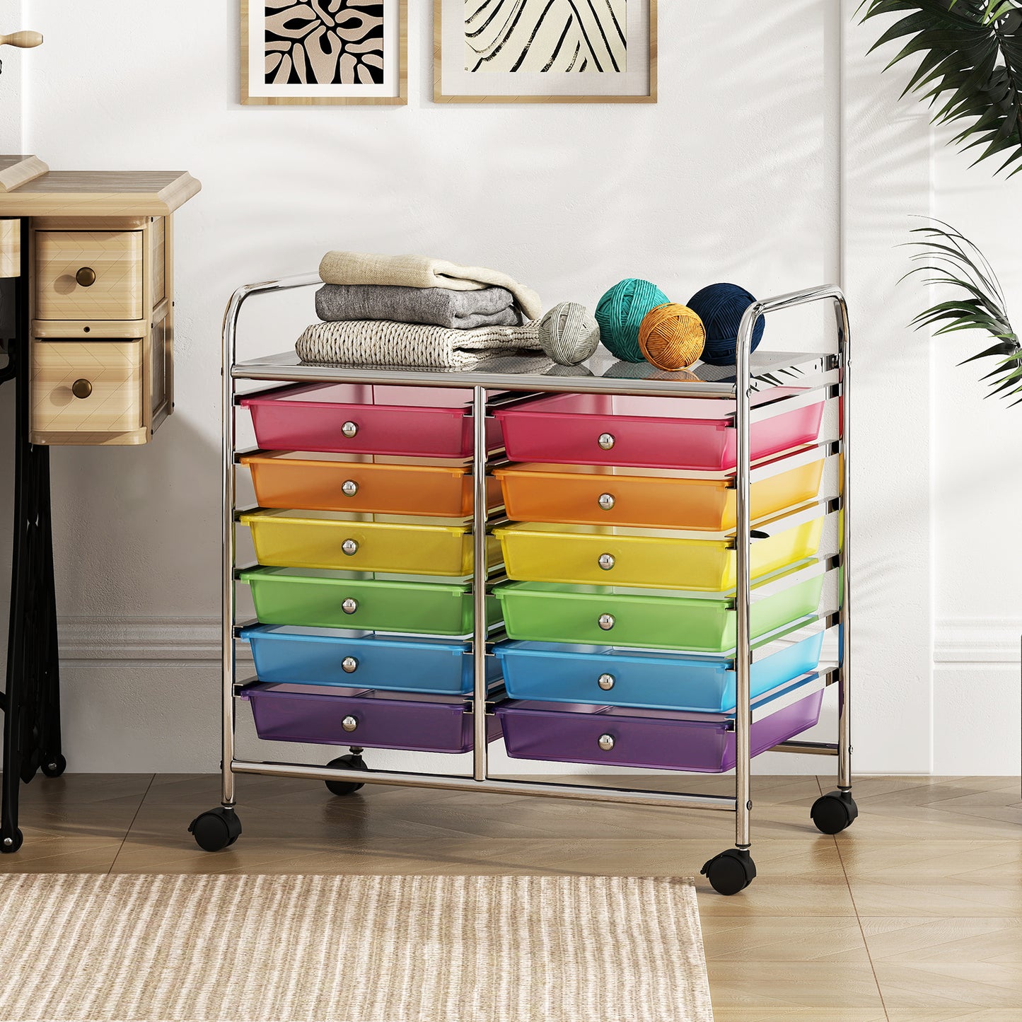 Storage Rolling Cart with Drawer and Large Countertop Side Handles-Black