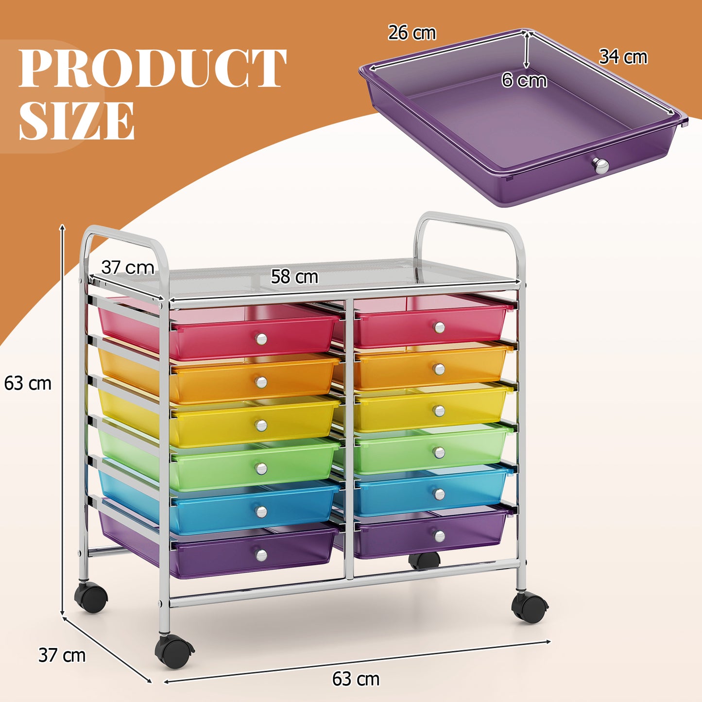 Storage Rolling Cart with Drawer and Large Countertop Side Handles-Black