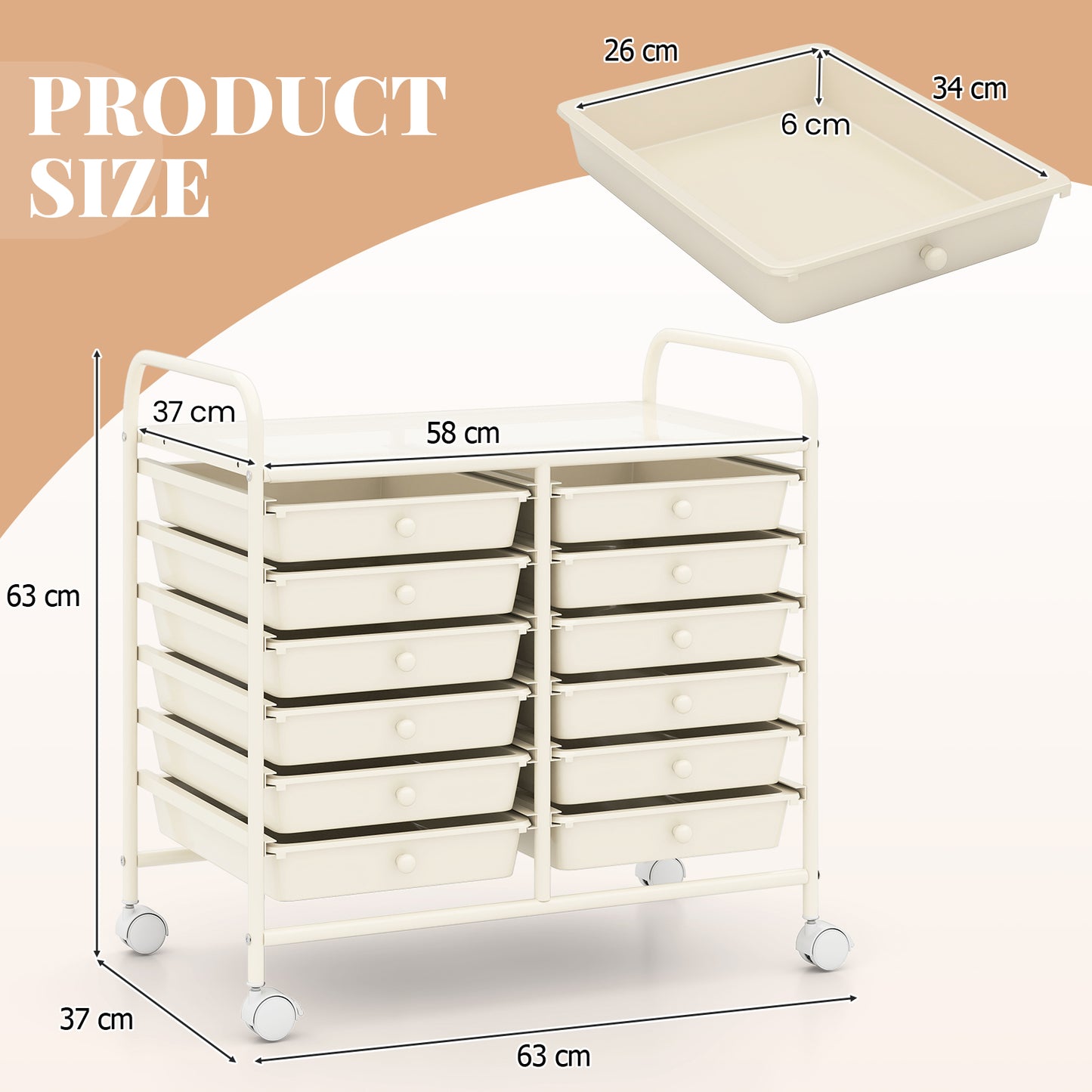 Storage Rolling Cart with Drawer and Large Countertop Side Handles-Black