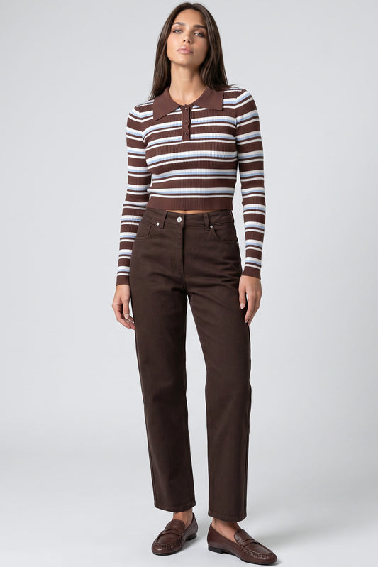 Brown Blue Striped Long Sleeve Collar Ribbed Jumper