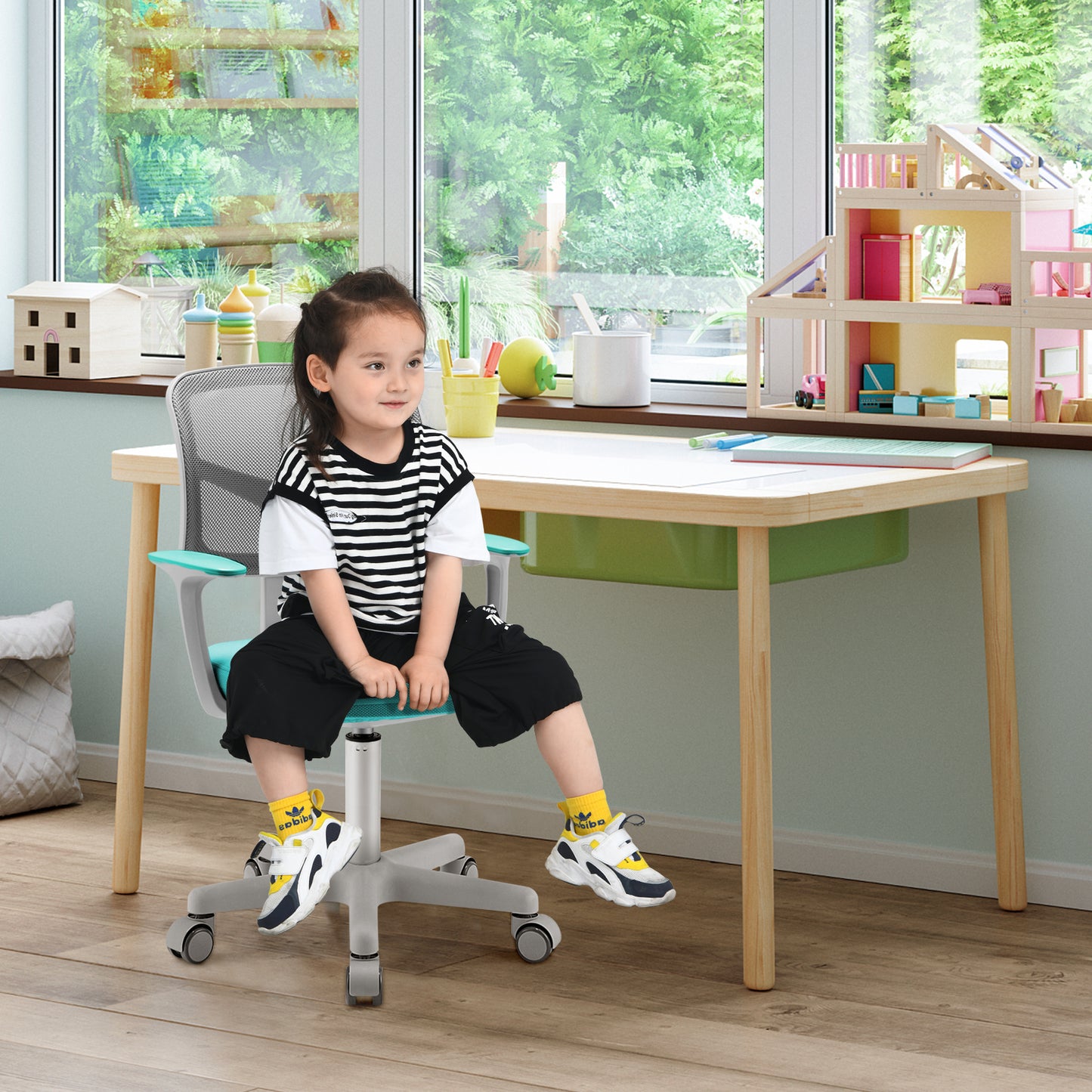Kids Height-Adjustable Swivel Computer Desk Chair with Lumbar Support-Blue