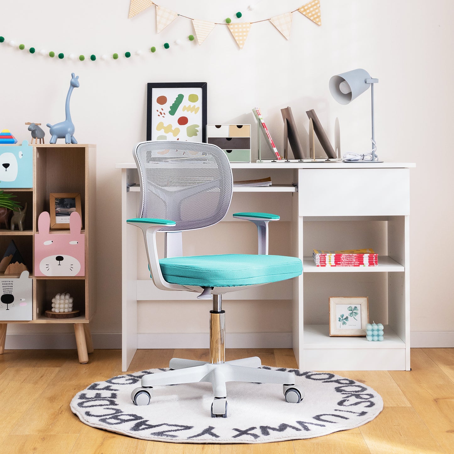 Kids Height-Adjustable Swivel Computer Desk Chair with Lumbar Support-Blue