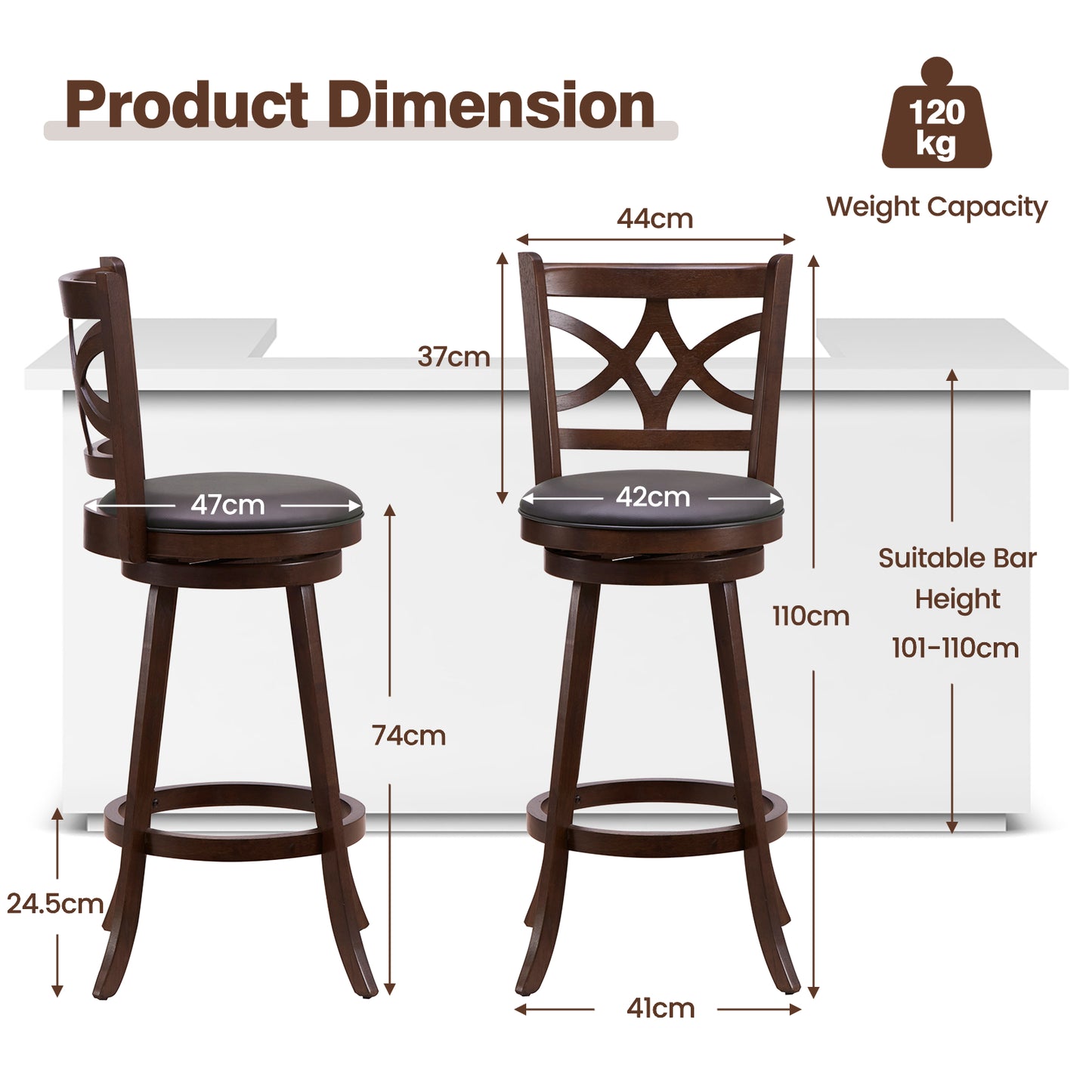 61/74 cm Swivel Counter Height Bar Stools with Backrest and Footrest-61 cm