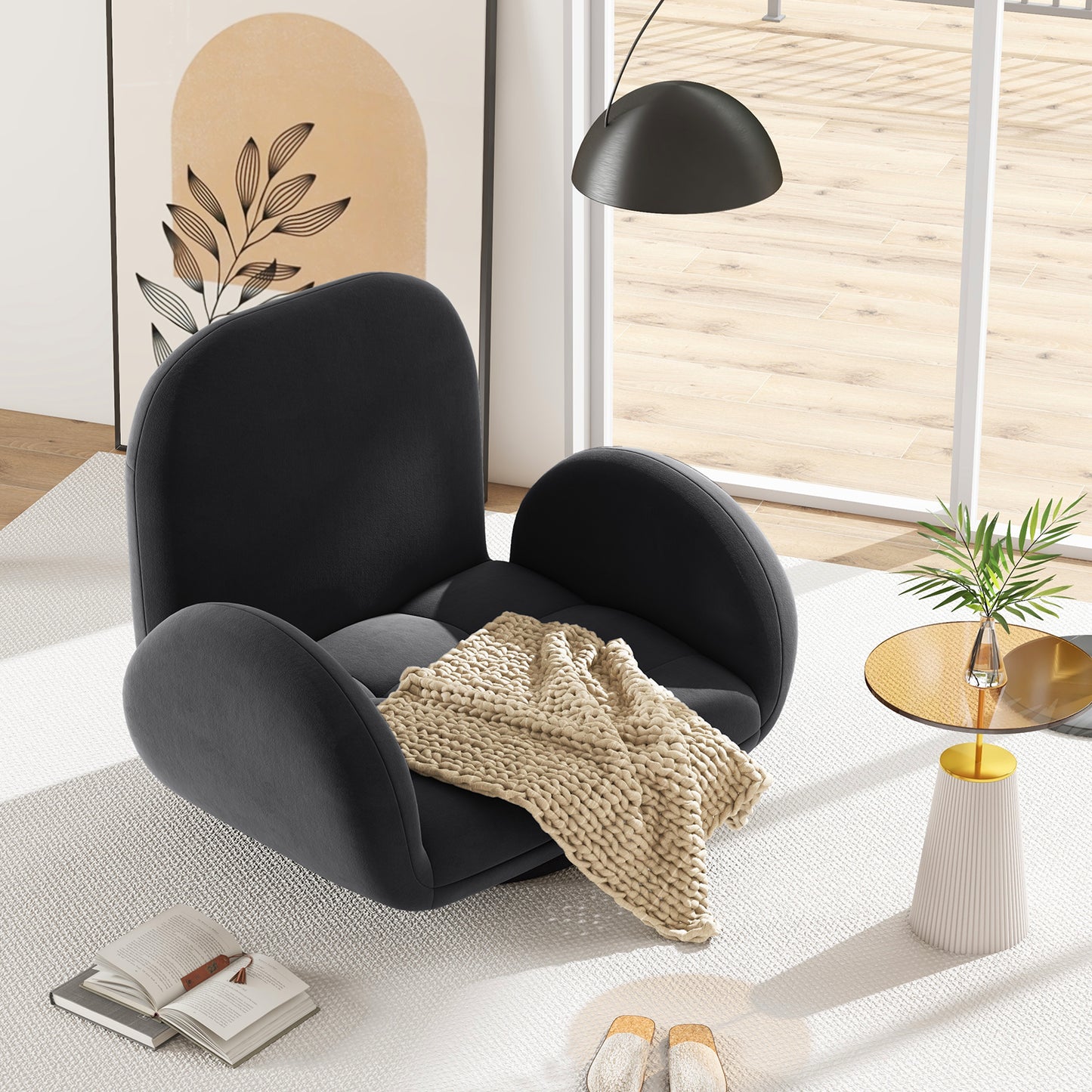 Swivel Floor Chair with Adjustable Backrest and Armrests-Grey