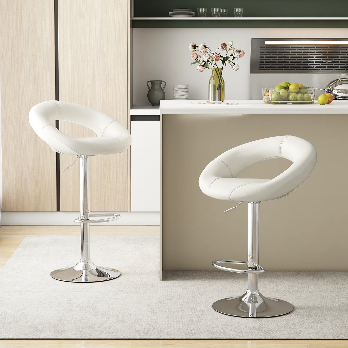 Swivel Height Adjustable Bar Stool Set of 2 with Hollow Back and Footrest-Black