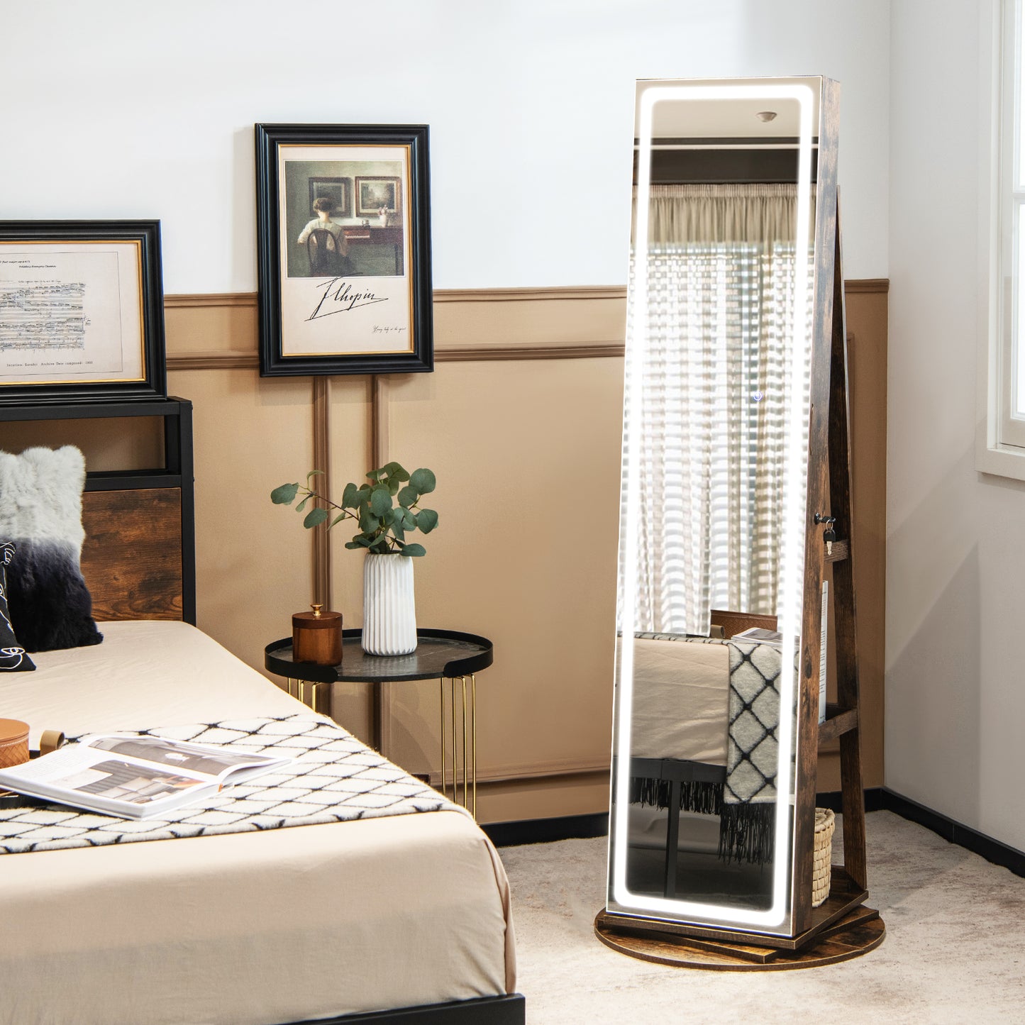 360° Swivel Jewelry Cabinet with LED Lights,  Foldable Shelf-White