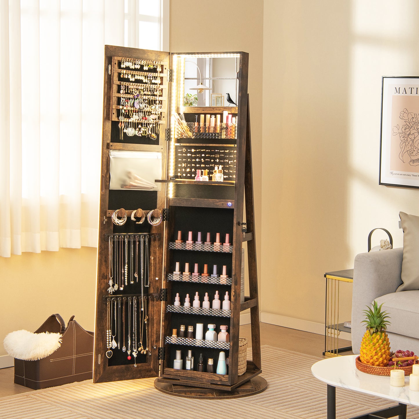 360° Swivel Jewelry Cabinet with LED Lights,  Foldable Shelf-White