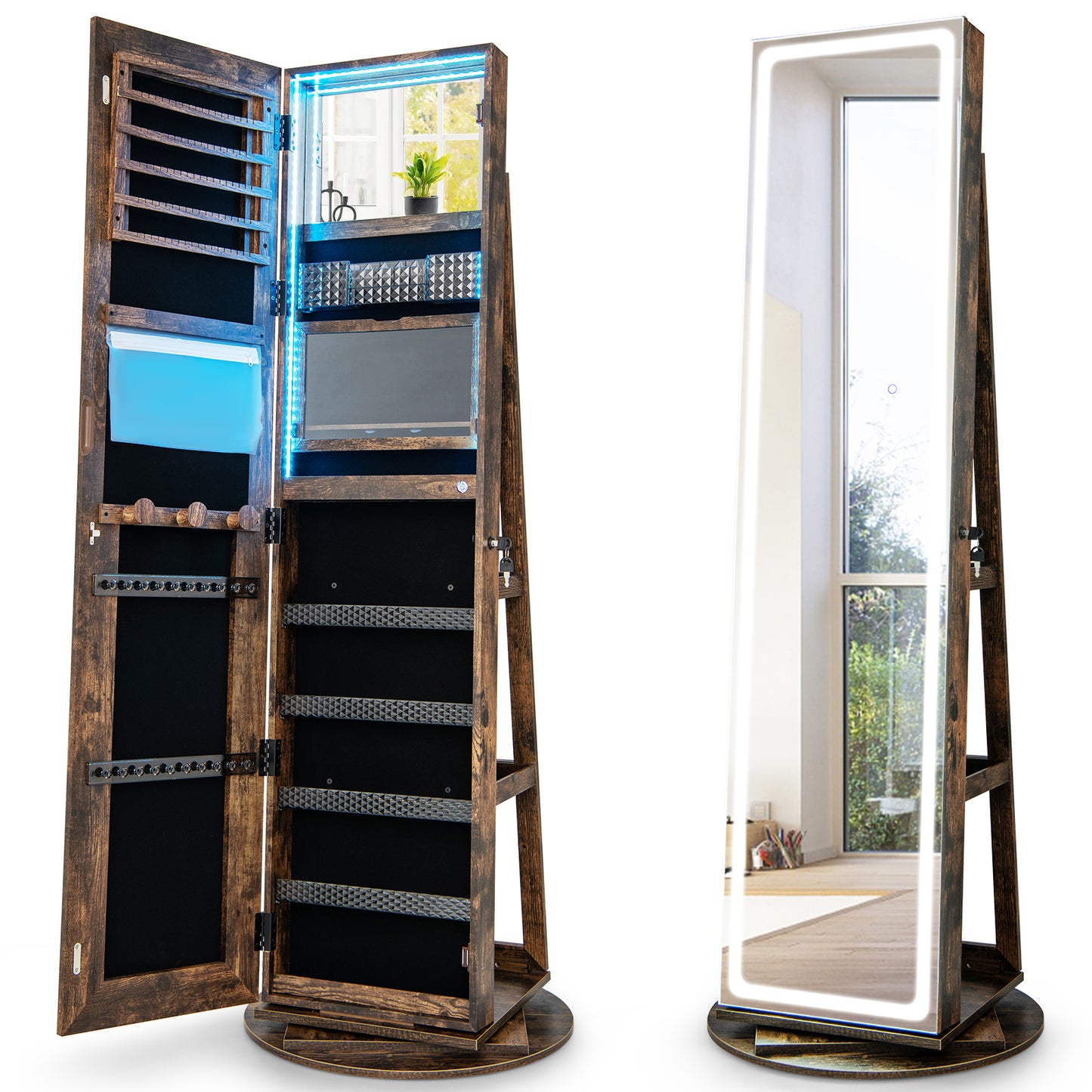 360° Swivel Jewelry Cabinet with LED Lights,  Foldable Shelf-White
