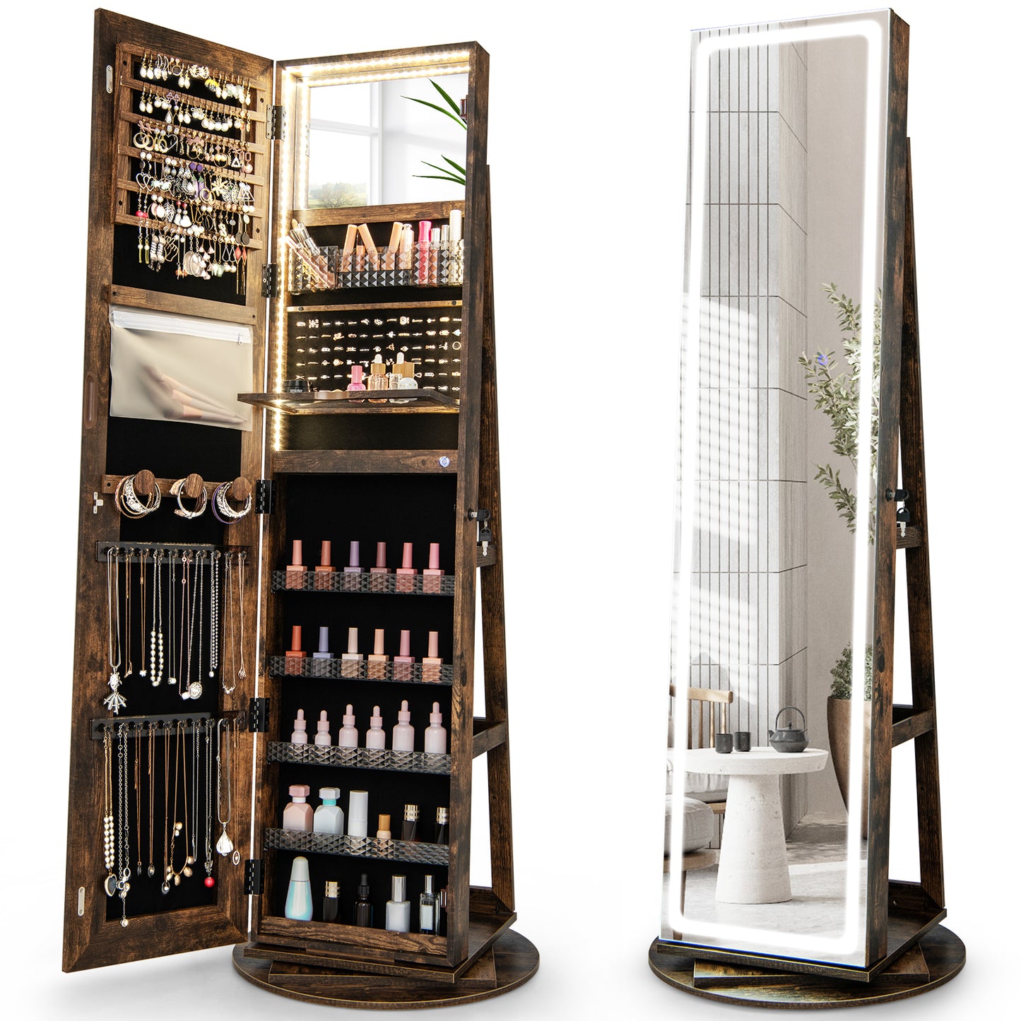 360° Swivel Jewelry Cabinet with LED Lights,  Foldable Shelf-White