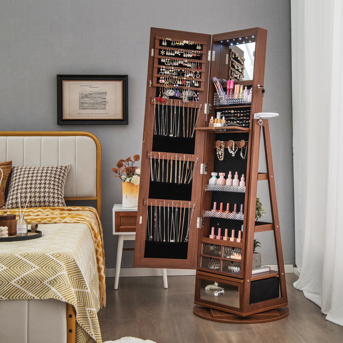 360° Swivel Lockable Jewelry Armoire Cabinet with Full-Length Mirror-Rustic Brown