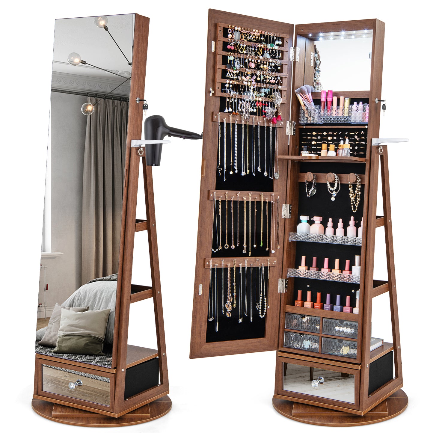 360° Swivel Lockable Jewelry Armoire Cabinet with Full-Length Mirror-Rustic Brown