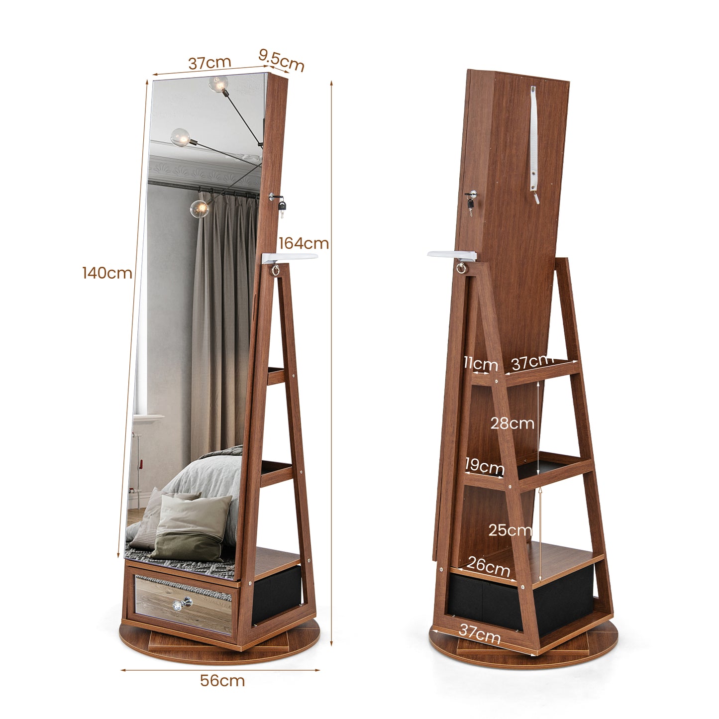 360° Swivel Lockable Jewelry Armoire Cabinet with Full-Length Mirror-Rustic Brown