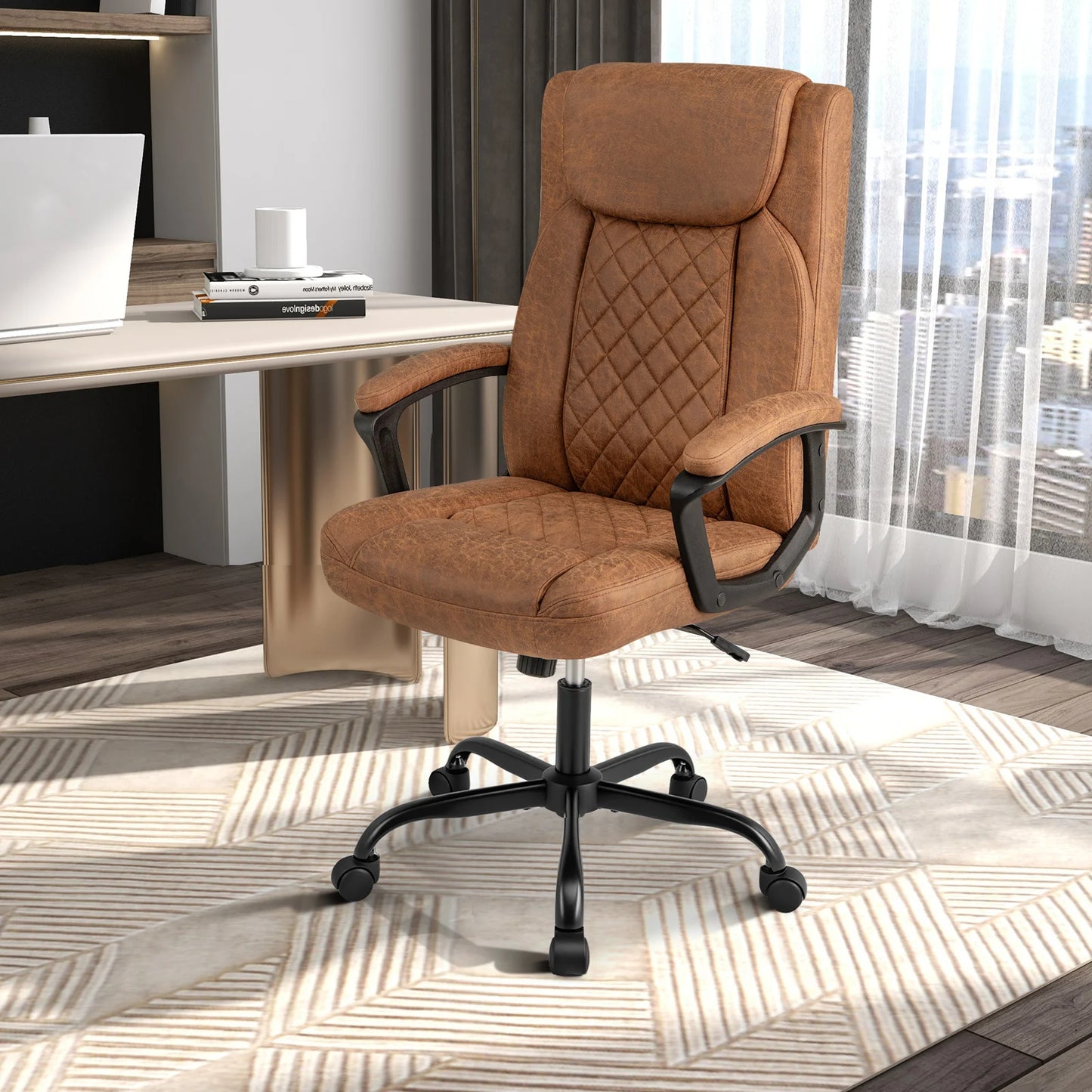 Swivel Office Chair with Padded Armrests and Rolling Metal Base-Black