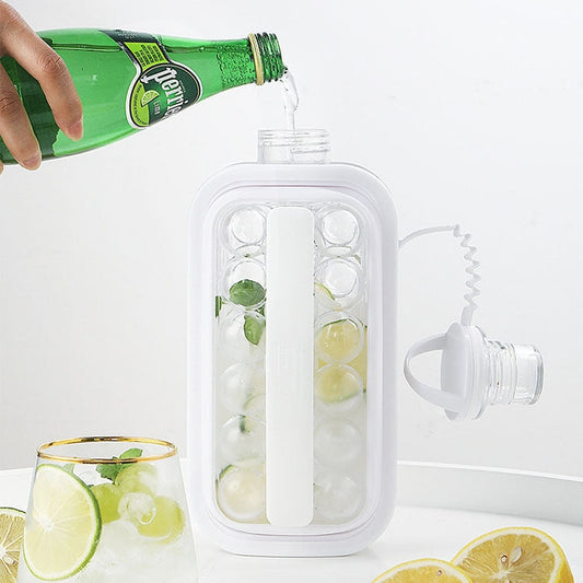 2 in 1 Round Ice Cube Mold Portable Ice Ball Maker Bottle Kettle with Lid White, 17 Grid