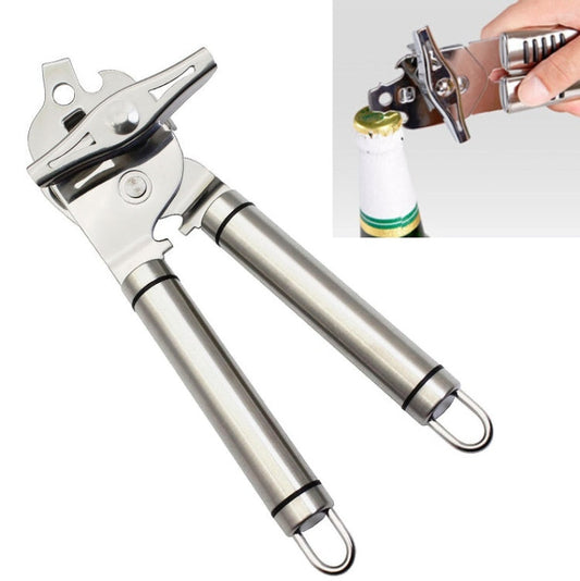 3 in 1 Thickened 304 Stainless Steel Manual Powerful Multifunctional Bottle Opener, Silver + Black Stripe