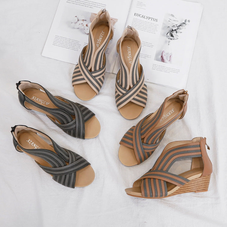 Women Summer Slope Heel Sandals Fashion Bohemian Style Fish Mouth Shoes, Size: 39(Apricot)