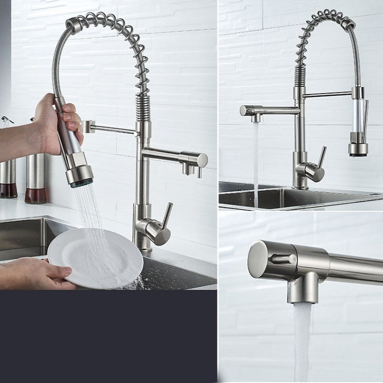 Copper And Nickel Brushed Double Outlet Spring Faucet Rotatable Kitchen Hot And Cold Water Faucet, Specification: Brushed
