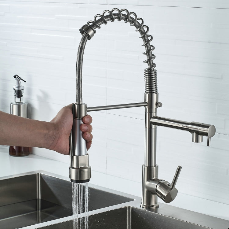 Copper And Nickel Brushed Double Outlet Spring Faucet Rotatable Kitchen Hot And Cold Water Faucet, Specification: Brushed