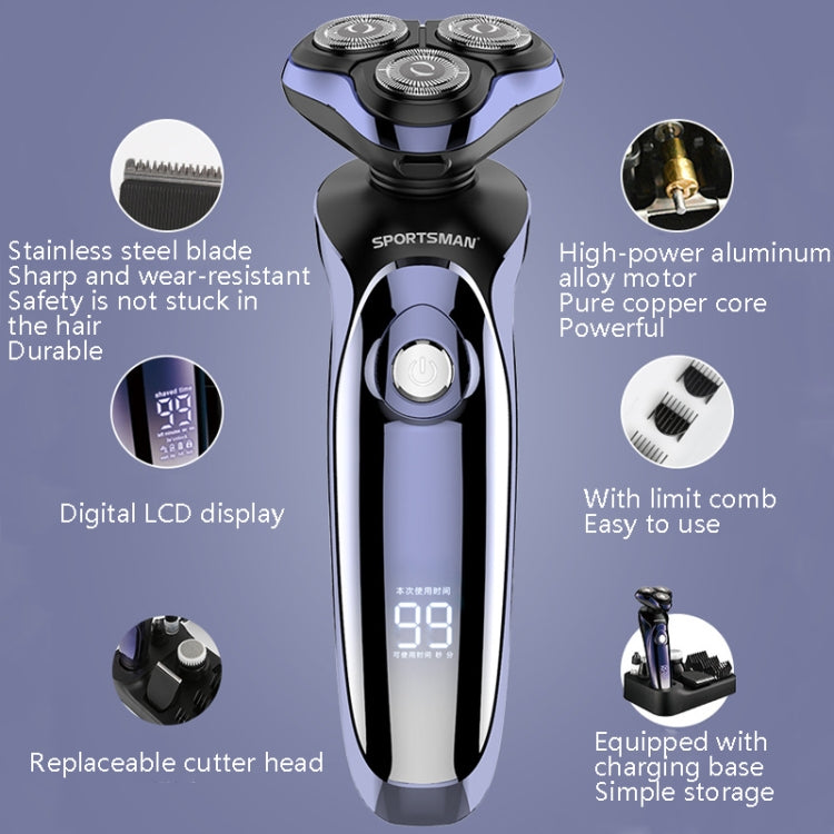 Sportsman SM-530 Electric Men Shaving Knife Multi-Function Base Charging Digital Water Washing Razor, US Plug