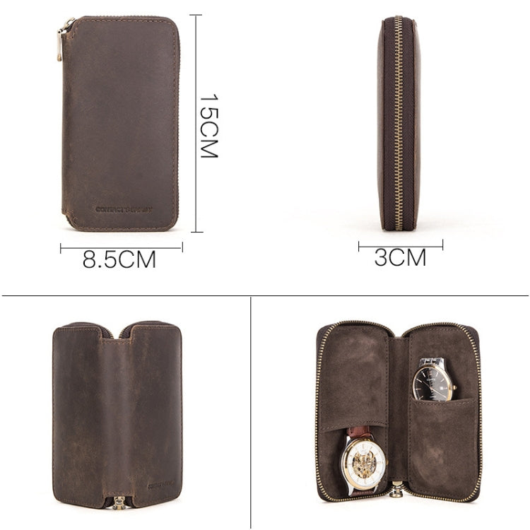 Contacts Family  CF1114 Leather Watch Box Retro Crazy Horse Leather Zipper Couple Watch Bag(Coffee)