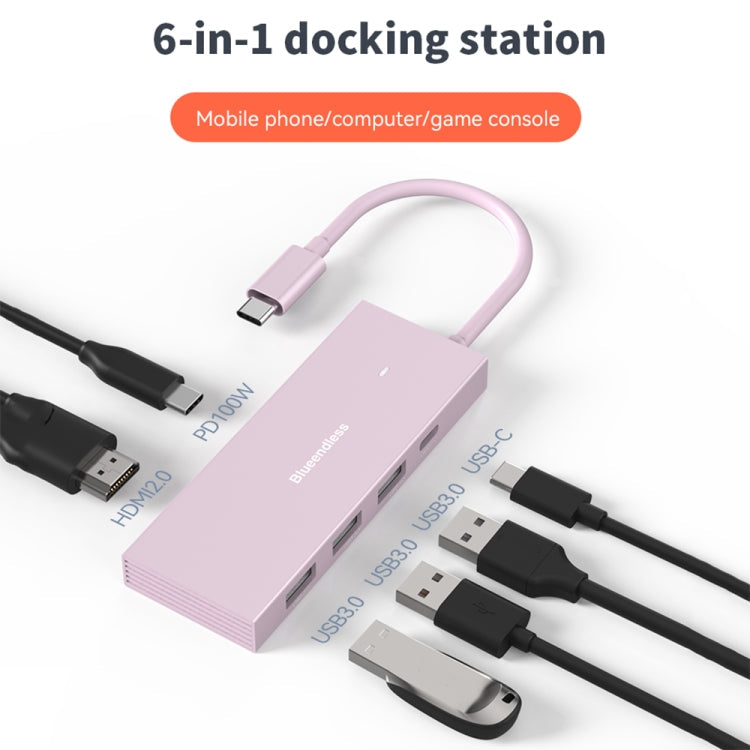 Blueendless 4K60Hz + Data Port Type-C Docking Station USB3.0 Splitter, Spec: 6-in-1 Pink