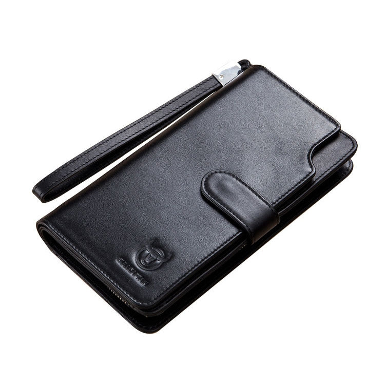 BULL CAPTAIN 028 Long Buckle Retro Cowhide Multi-Function Wallet (Black)