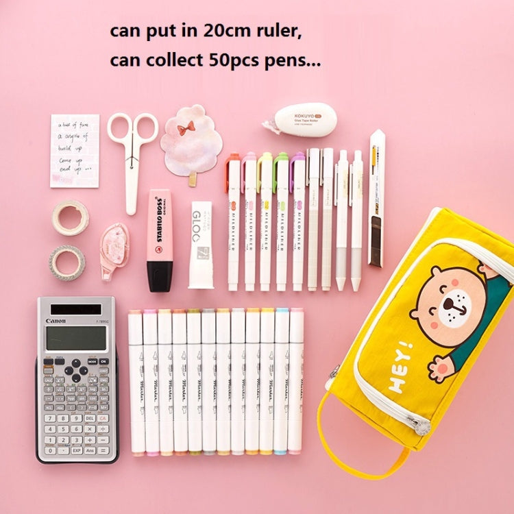 Angoo Canvas Large-Capacity Stationery Case With Side Window Student Pencil Storage Bag(Beckoning Bear)