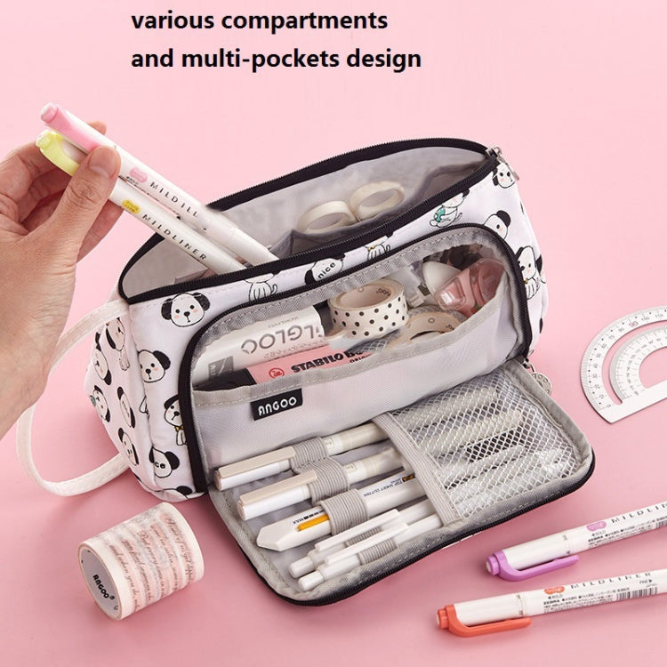 Angoo Canvas Large-Capacity Stationery Case With Side Window Student Pencil Storage Bag(Beckoning Bear)