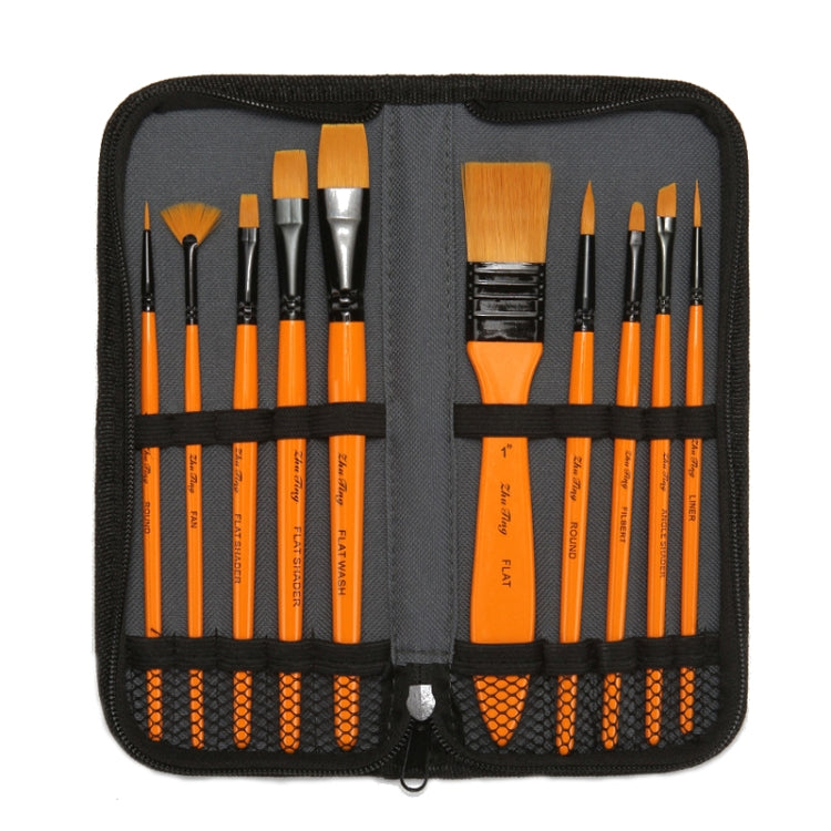 ZHU TING 10 In 1 Wooden Pole Nylon Wool Watercolor Pen And Board Brush Fan Shaped Painting Pen Set With Cloth BagZHUTING( Yellow Rod)