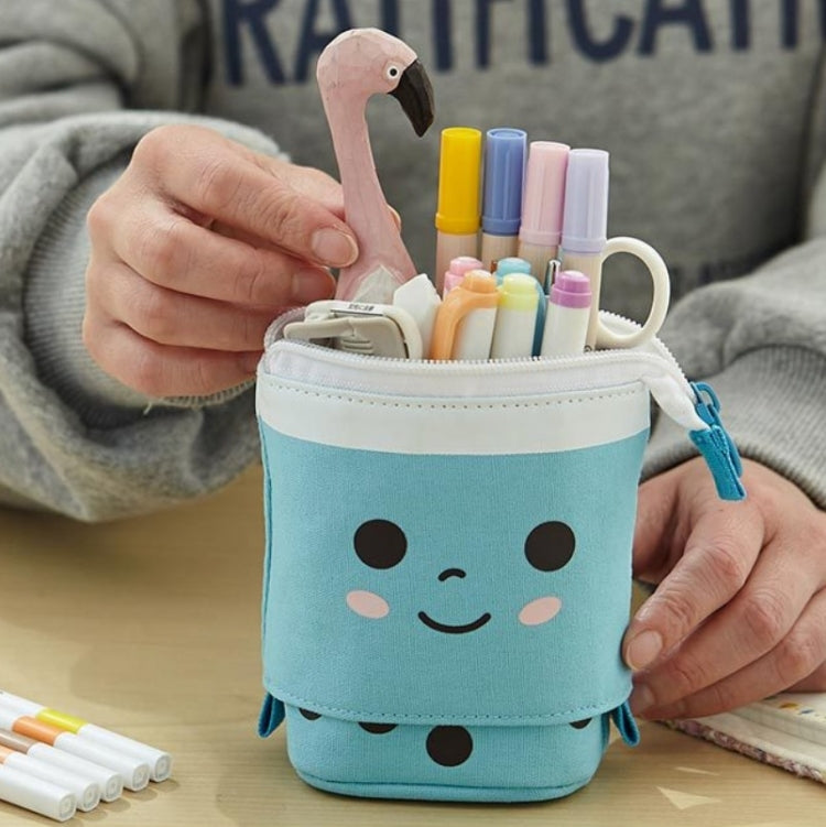 ANGOO Cute Girl Heart Multifunctional Pen Holder Stationery Retractable Storage Bag(Mango Tea)