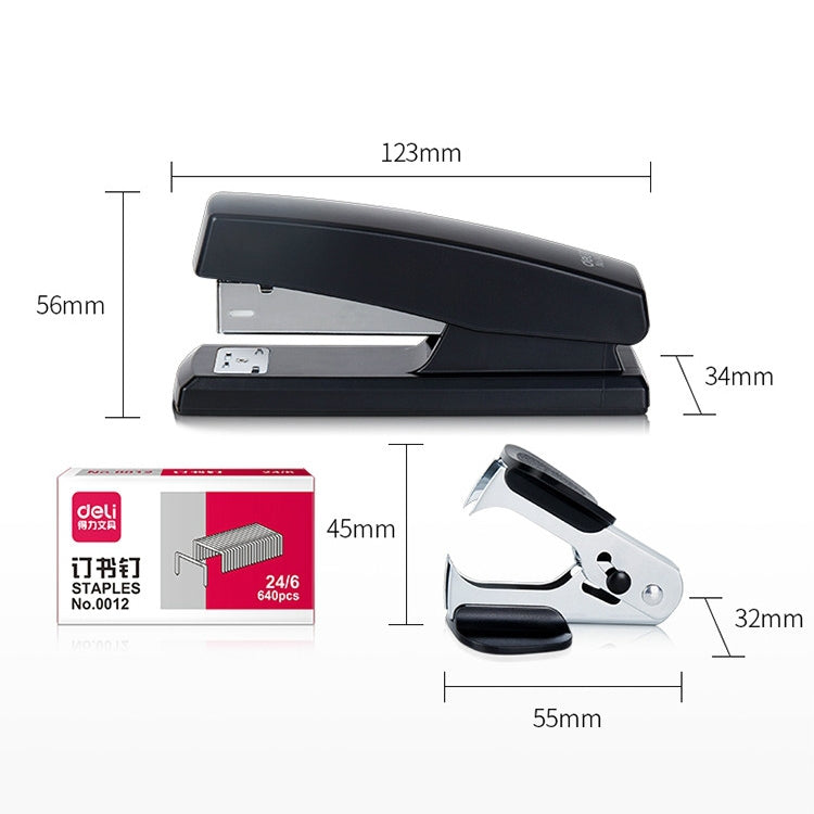 Deli 12 0354 Stapler Set Office Standard Medium-Sized Stapler Staple Remover + Staples(Black)