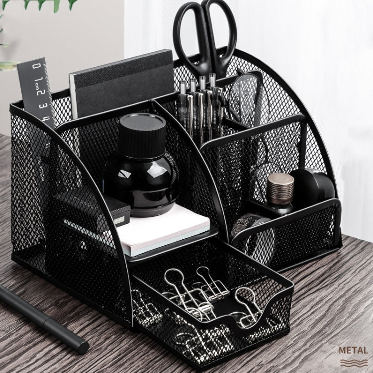 Deli 9200 Full Metal Hollow Pen Holder Office Supplies Storage Box(Black)