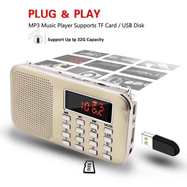 L-218AM  MP3 Radio Speaker Player Support TF Card USB with LED Flashlight Function, Gold, Black, Blue, White, Red