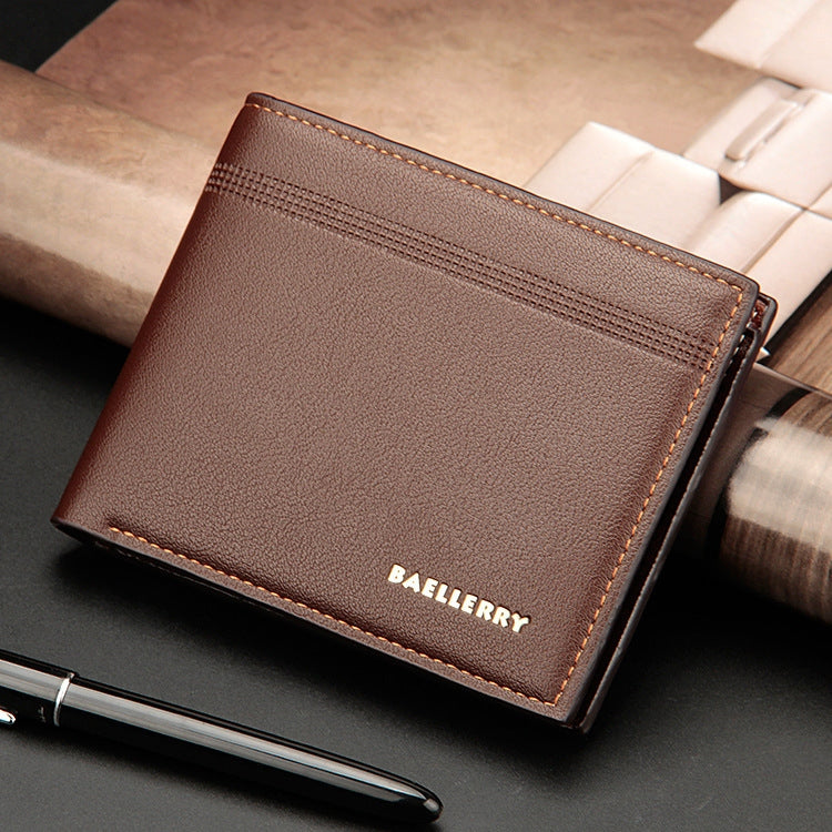 Baellerry Men Short Wallet Multi-card Lychee Pattern Business Wallet(Brown)