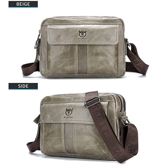 BULL CAPTAIN  Double Layer Leather One Shoulder Messenger Bag For Men(Beige)