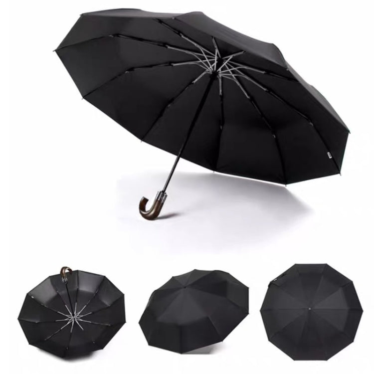 PARACHASE Solid Wood Bending Handle 10 Bone Three Fold Automatic Umbrella(Black)