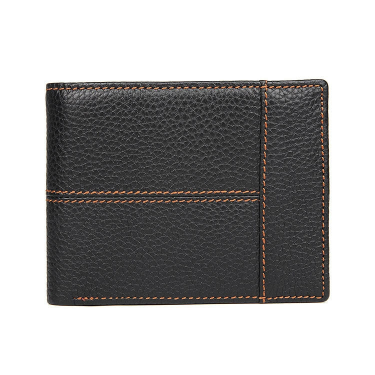 Men Retro Portable Wallet Short Cowhide Leather Wallet(Black)