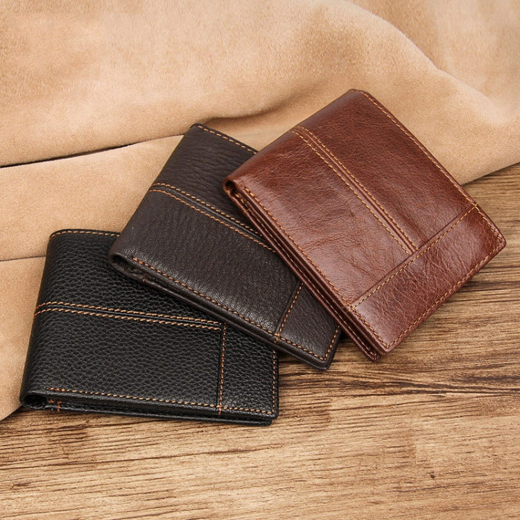 Men Retro Portable Wallet Short Cowhide Leather Wallet(Black)