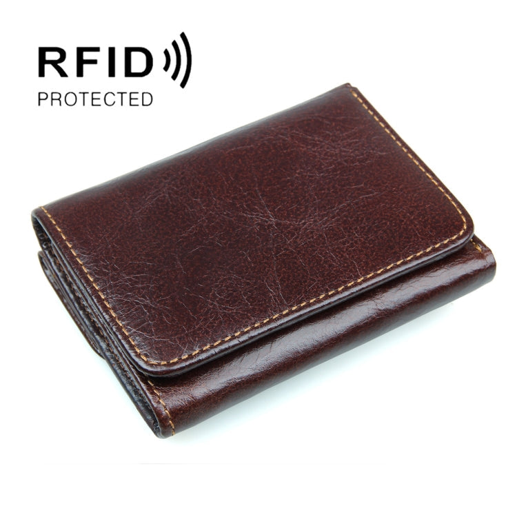 Men Casual Retro RFID Blocking Anti-Scanning Cowhide Leather Short Wallet(Chocolate Color)