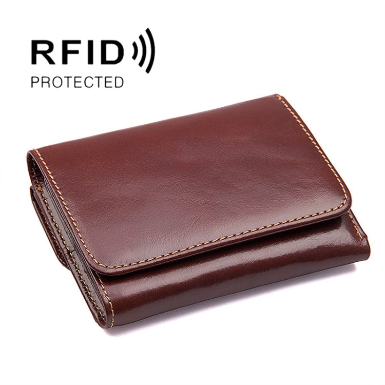 Men Casual Retro RFID Blocking Anti-Scanning Cowhide Leather Short Wallet(Maroon)