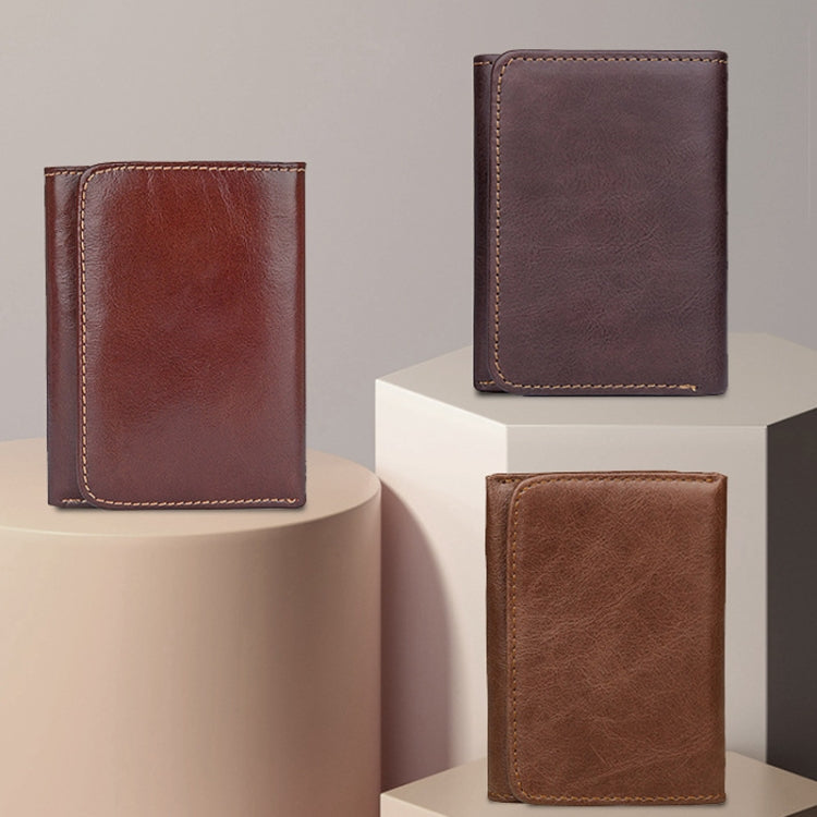 Men Casual Retro RFID Blocking Anti-Scanning Cowhide Leather Short Wallet(Maroon)