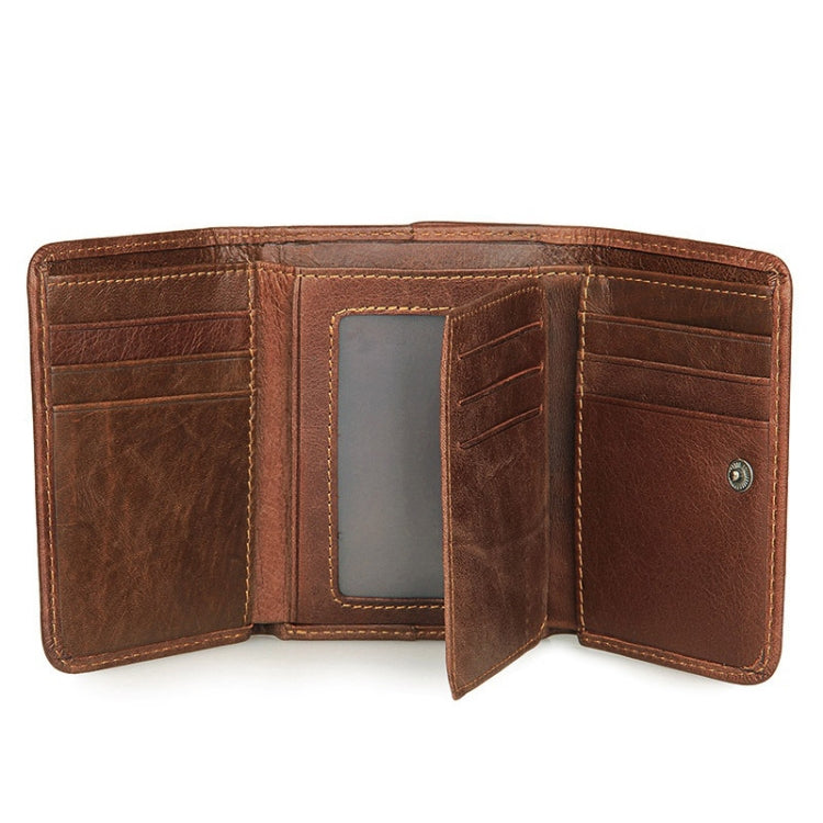 Men Casual Retro RFID Blocking Anti-Scanning Cowhide Leather Short Wallet(Maroon)