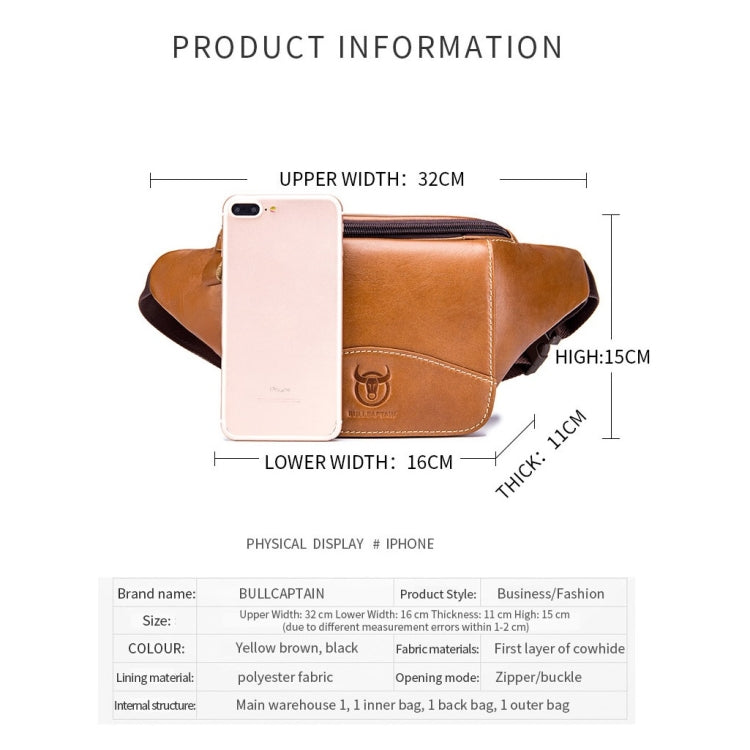 BULL CAPTAIN Cowhide Waist Bag Large Capacity Multifunctional Wallet For Men(Yellow Brown)