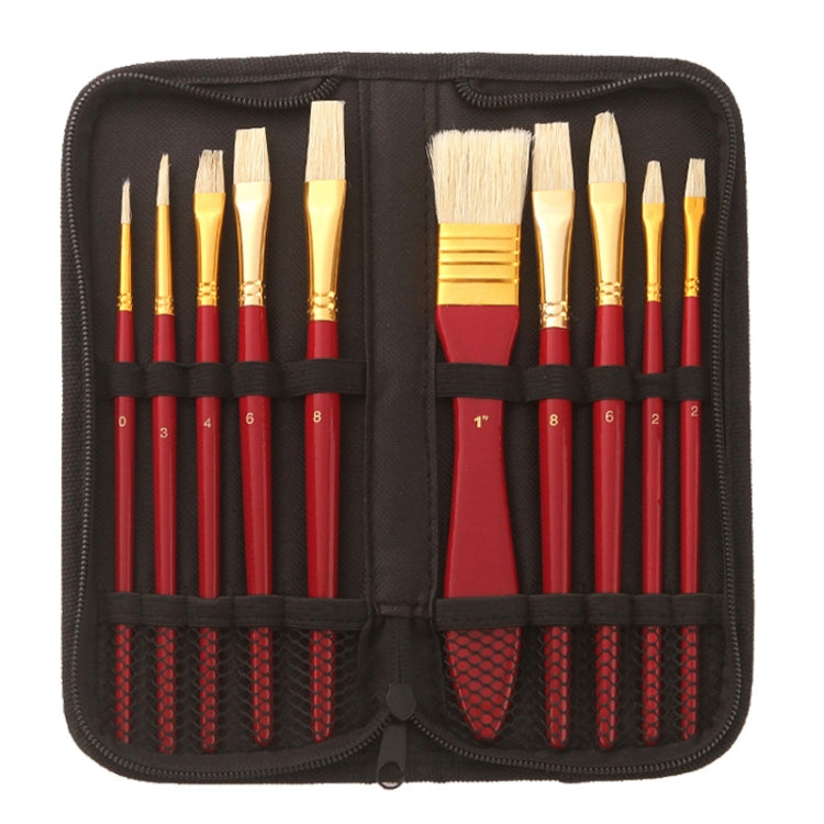 Zhu Ting 10PCS/Set Wooden Handle Bristle Oil Painting Gouache Set(Red Pole Black Bag)