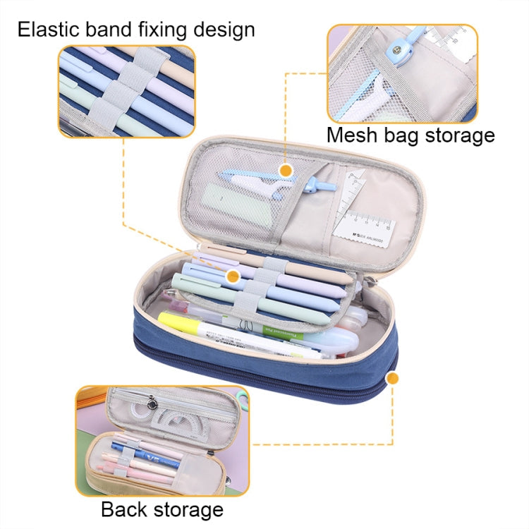 Deer Forest BL-A003 Macaron Large-capacity Double-layer Canvas Pencil Case Stationery Box(Navy Blue)