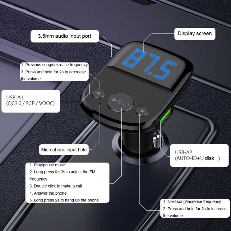 LDNIO C706Q QC3.0+AUTO-ID Car Bluetooth FM Music Digital Display Car Charger with Type-C/USB-C Cable