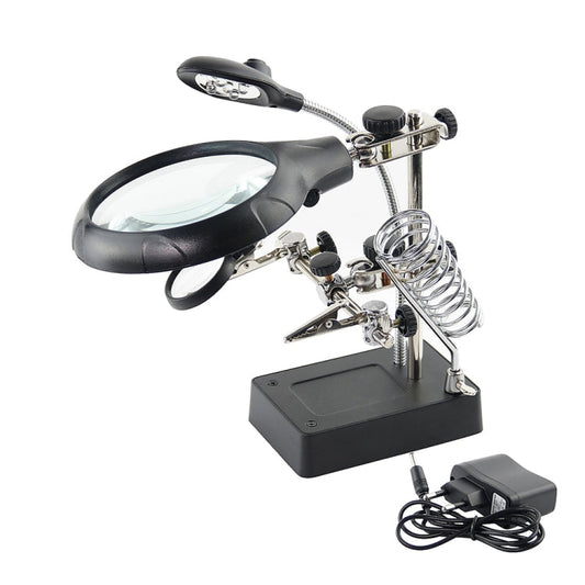 16129-C 2.5X/7.5X/10X LED Lighting Auxiliary Bracket Maintenance Magnifier, EU Plug, US Plug